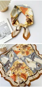 Korean style floral square silk scarf for women, elegant neckerchief and hair accessory.