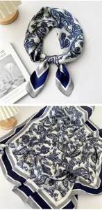 Blue white paisley silk square scarf women elegant neckerchief for shirt styling 70cm