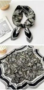 Korean style 70cm silk square scarf with classic paisley print and elegant striped border design.