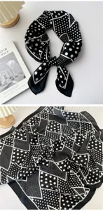 Black and white geometric polka dot square scarf for women, stylish neckerchief accessory.
