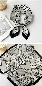 Korean style black and white geometric polka dot silk scarf for women spring autumn accessory.