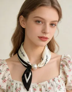 Elegant magnetic pearl silk scarf with chic black and white stripes, perfect for daily wear.