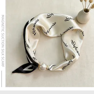 Elegant magnetic pearl silk scarf with chic black and white stripes for women daily wear.