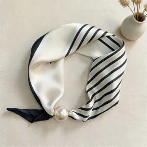 Women Fashion Satin Triangle Scarf With Pearl Magnetic Clasp Elegant Striped Neck Wrap Accessories