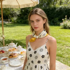 Chic magnetic pearl silk scarf triangular neckerchief with elegant floral print.