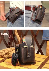 Detail shot of retro genuine leather waist bag for men, showing durable stitching and hardware.