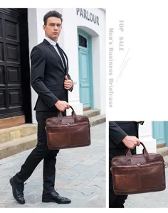 Vista dettagliata della borsa ventiquattrore in vera pelle marrone da uomo, laptop bag.