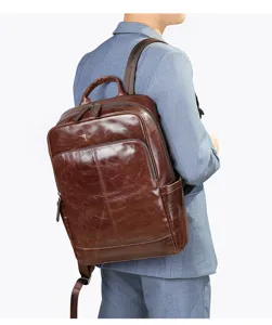 Men's Genuine Leather Backpack Business Vintage Casual School Bookbag Brown