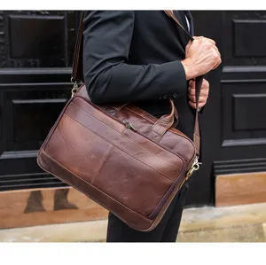 Borsa business da uomo in vera pelle, tracolla vintage marrone per laptop 15.6 pollici.