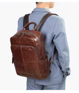 Men's genuine leather backpack, top layer cowhide business school book bag, brown casual daypack.