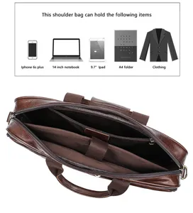 Détail intérieur de serviette d'affaires en cuir véritable montrant une grande capacité pour ordinateur