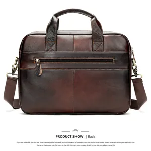 Retro genuine leather business briefcase for men vintage cowhide laptop bag with strap