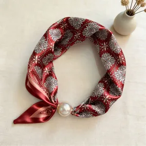 Red geometric print silk scarf with large pearl magnetic clasp, stylish spring summer neckerchief.