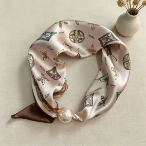 Silk scarf with pearl magnetic clasp, minimalist geometric triangle neck wrap for women.