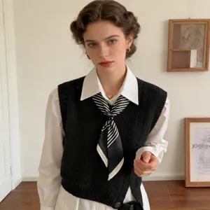 Women fashion black knit vest white shirt set with elegant striped scarf necklace retro style.