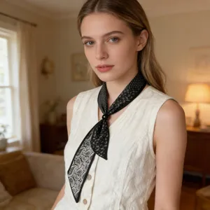 Elegant black and white paisley silk scarf with beaded closure, perfect summer neckerchief.