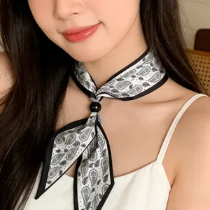 Black and white paisley print silk scarf necklace, minimalist fashion neckerchief for women.