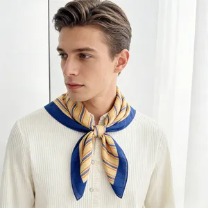 Close-up shot of a stylish geometric striped square scarf worn by a model, elegant neckwear.