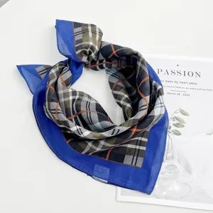 Cotton plaid scarf square geometry print stylish neckerchief vintage shawl accessories.
