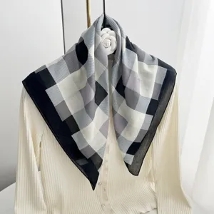 Detail view of black white grey geometric pattern cotton square scarf stylish decor.