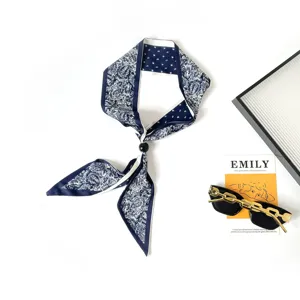 Blue white paisley print skinny silk scarf necklace with black bead summer fashion neckerchief