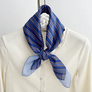 Blue striped square silk scarf, elegant neckerchief and stylish apparel accessory for women.