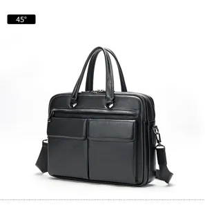 Detailansicht der schwarzen Leder Aktentasche, 15,6 Zoll Laptoptasche mit zwei Fächern.