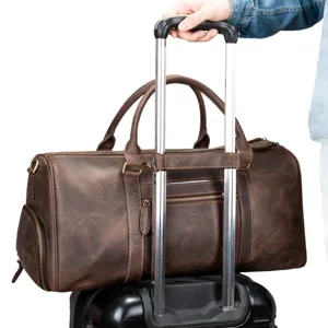 Heren reistas van echt leer, vintage bruine weekendtas voor zakelijke reizen, sport en vakantie.