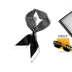 Black and white striped long scarf with beaded accessory minimalist fashion neckerchief