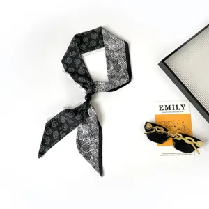 Black and white floral print silk scarf neckerchief with ring bead detail, elegant women accessory