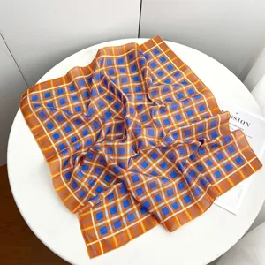 Geometric plaid square scarf, orange and blue fashion accessory, versatile neck wrap.
