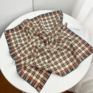 Classic geometric plaid cotton square scarf, stylish multi-color print shawl accessory.