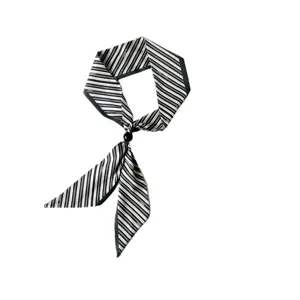 Elegant black and white striped silk twilly scarf with bead for women neckerchief fashion.
