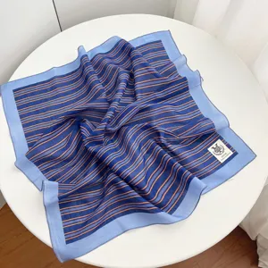 Blue orange striped cotton square scarf, versatile fashion neckerchief for women and daily wear.