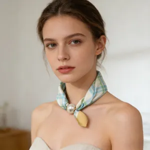 Close-up of a stylish mini plaid neck scarf with a large pearl and magnetic buckle.