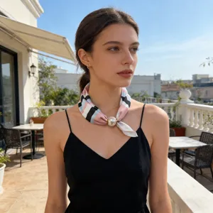 Chic silk scarf with magnetic pearl buckle, stylish neck accessory for women and daily wear.