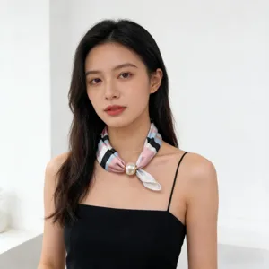 Women fashion magnetic pearl buckle silk scarf neck wrap elegant striped skinny neckerchief accessory