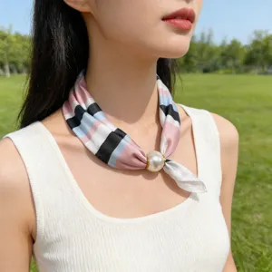 Elegant small silk neck scarf with pearl magnetic clasp, stylish women's accessory.