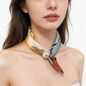 Silk scarf pearl magnetic necklace short thin neck scarf for women elegant accessory