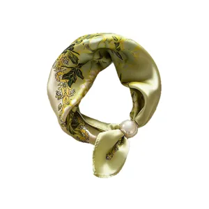 Sciarpa da collo in seta raso retrò paisley da donna, elegante fazzoletto floreale con fibbia perla.
