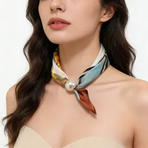 Women stylish small silk scarf with pearl magnetic buckle elegant neckerchief neck wrap
