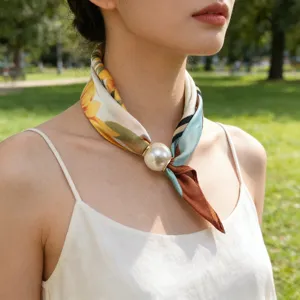 Silk scarf with pearl magnetic buckle, elegant neckerchief accessory detail display.
