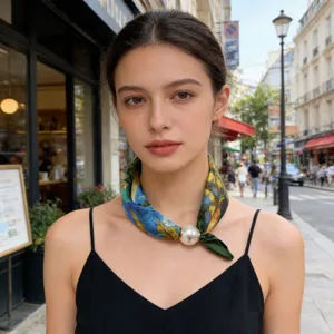 Women fashion silk scarf with magnetic pearl buckle, elegant short neck wrap for daily wear.