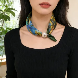 Women art print silk scarf with pearl magnetic buckle stylish neck wrap for daily wear