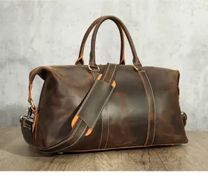 Men leather travel duffel bag detail shot, vintage brown weekender bag texture display.