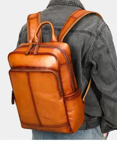 Details of genuine leather men backpack vintage brown cowhide laptop school bag casual design.