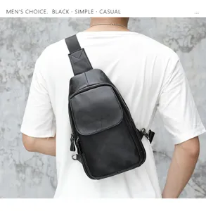 Bolso de pecho para hombre en cuero genuino, elegante bolso cruzado negro para ocio al aire libre.