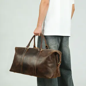 Men vintage genuine leather travel duffel bag large capacity weekender luggage dark brown