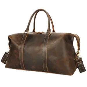 Genuine leather travel duffel bag for men, large capacity weekender bag with shoulder strap.