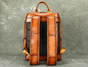 Detailed view of vintage leather men backpack back straps showing premium cowhide texture.